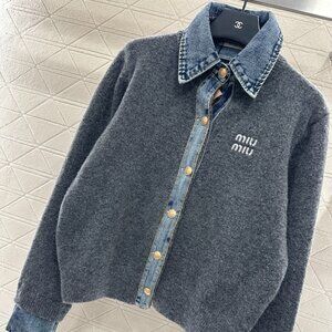 Miu Miu ♥ 2025 New Denim Patchwork Collared Knit Cardigan